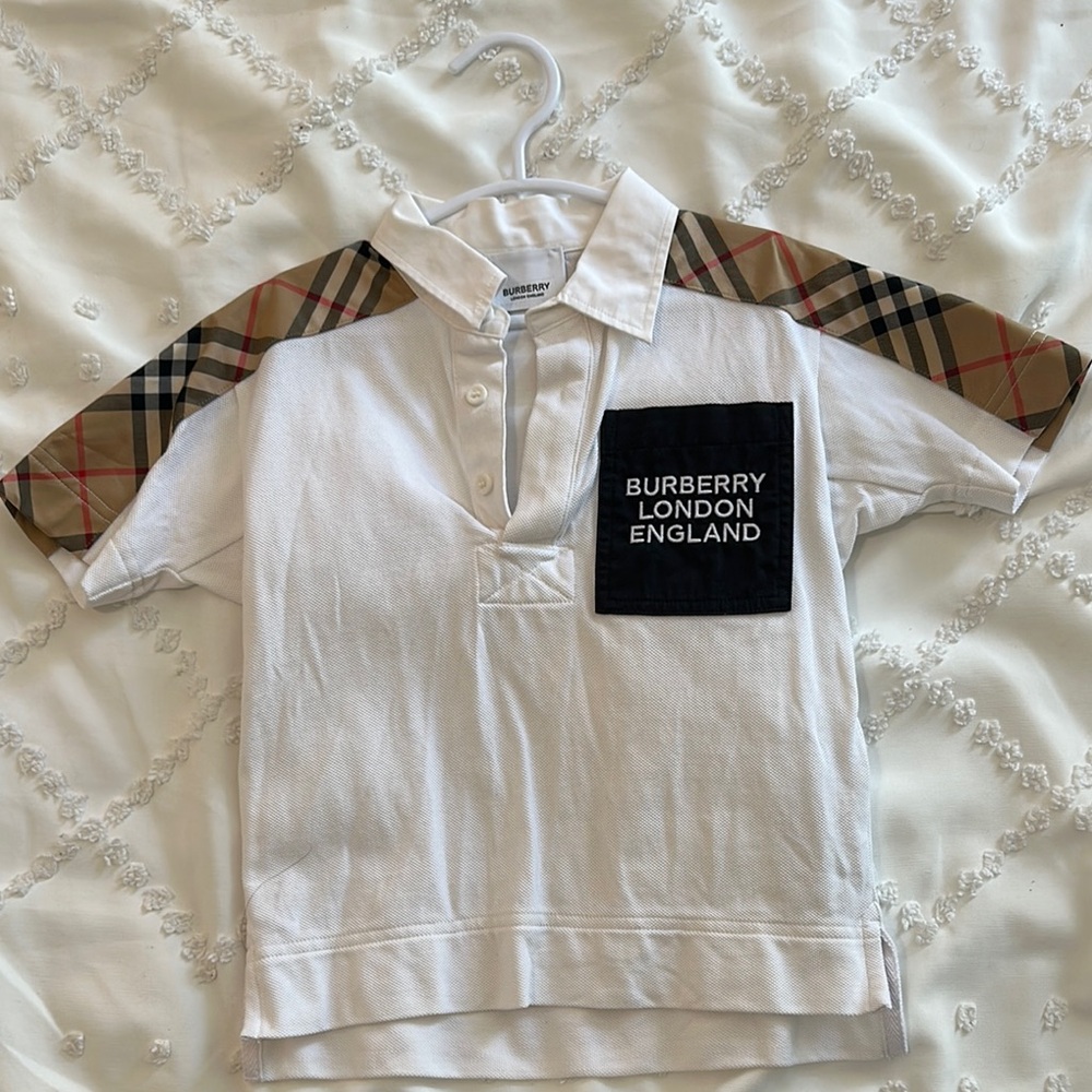Burberry White and Brown Polo with Checkered Sleeves